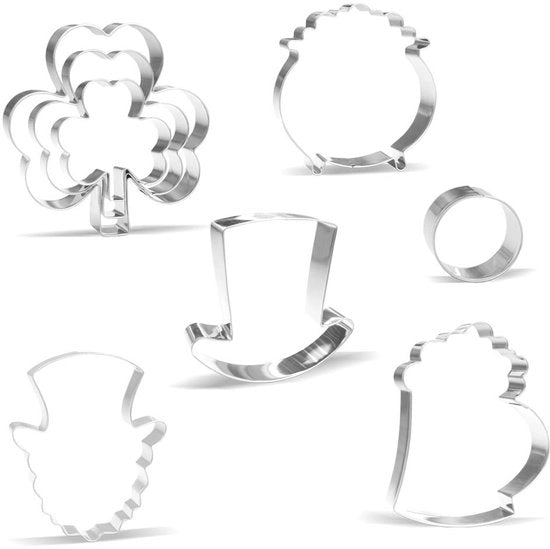 Set di biscotti in forma di St. Patrick's Day - 8 pezzi - quattro di cuori, birra, cappello alto, pentola stregata, gnomi - acciaio inox