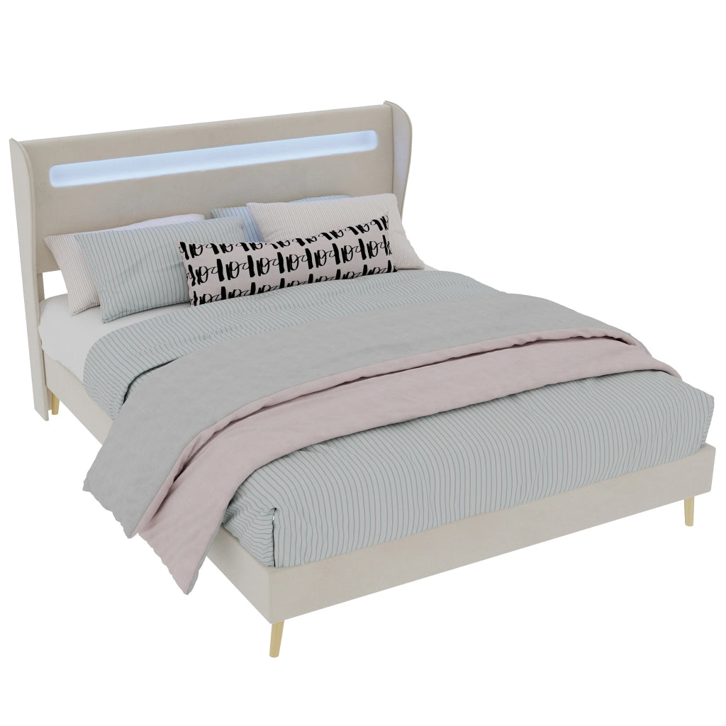 Letto Matrimoniale 140x200 cm; LED Regolabile e Schienale Regolabile in Tessuto - Beige