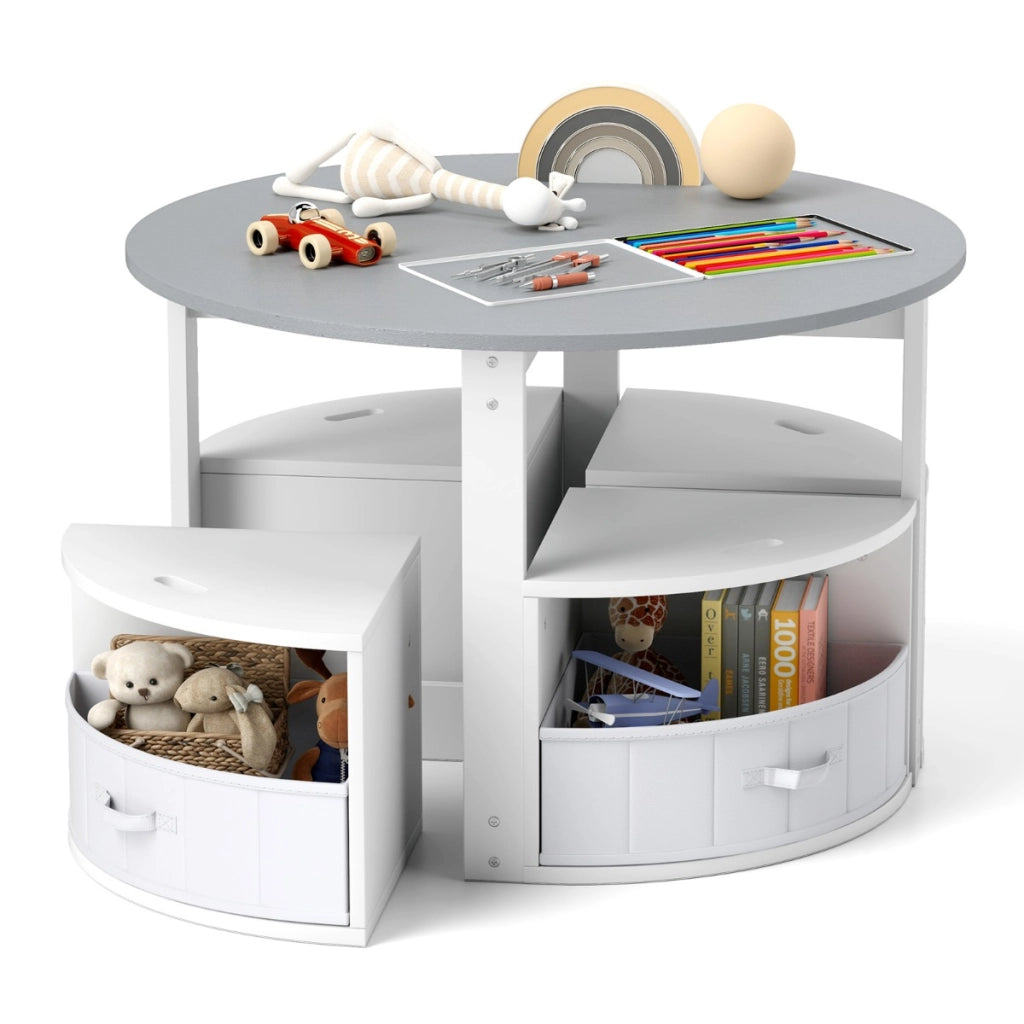 Set tavolo e sedie per bambini a 5 pezzi, Tavolo rotondo con 4 sgabelli e ripiano e 4 cassetti in tessuto Grigio e Bianco