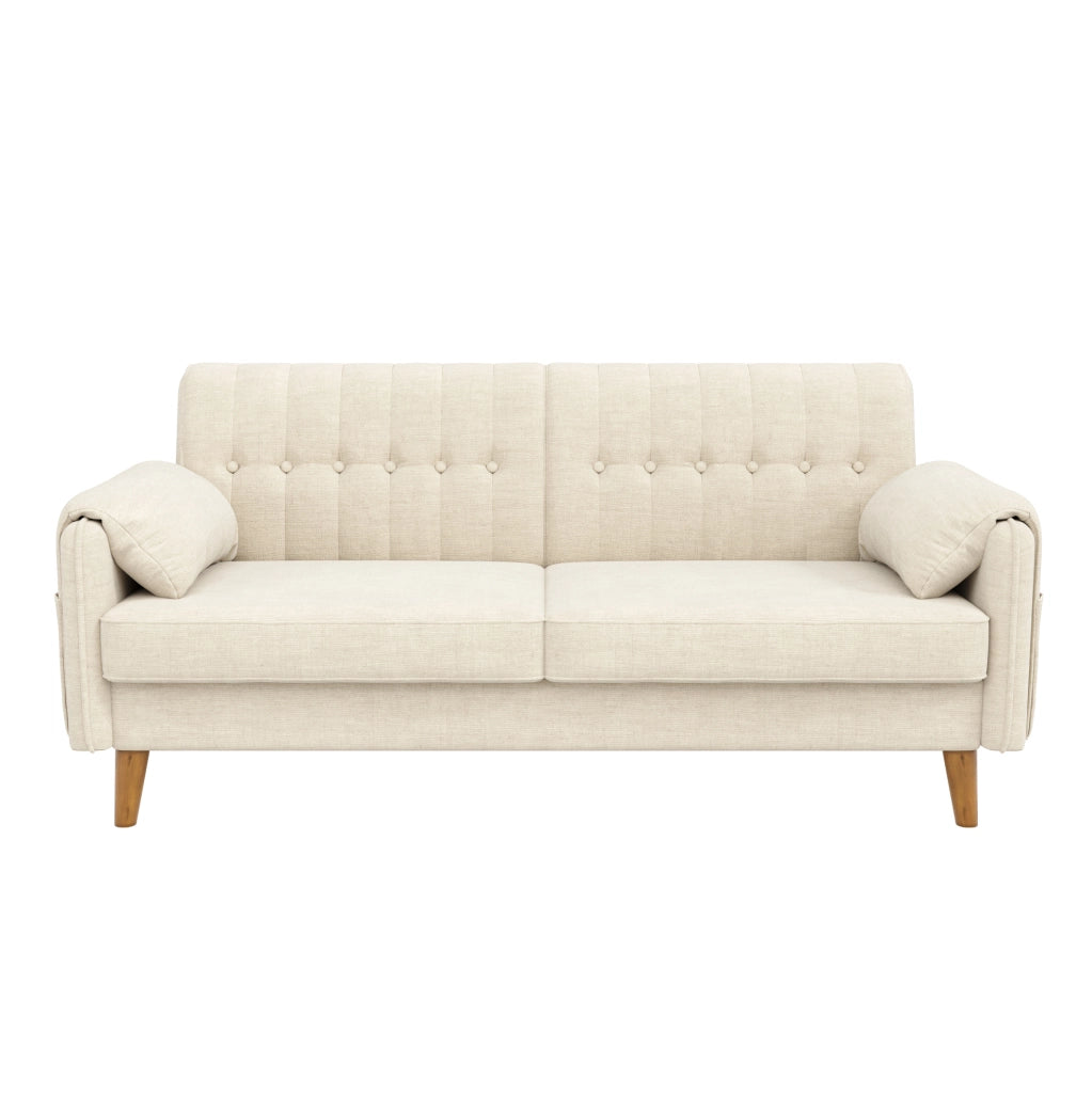 Divano a 2 posti in ciniglia beige con cuscini bracciolo; tasche laterali e gambe in legno; 161;5 cm