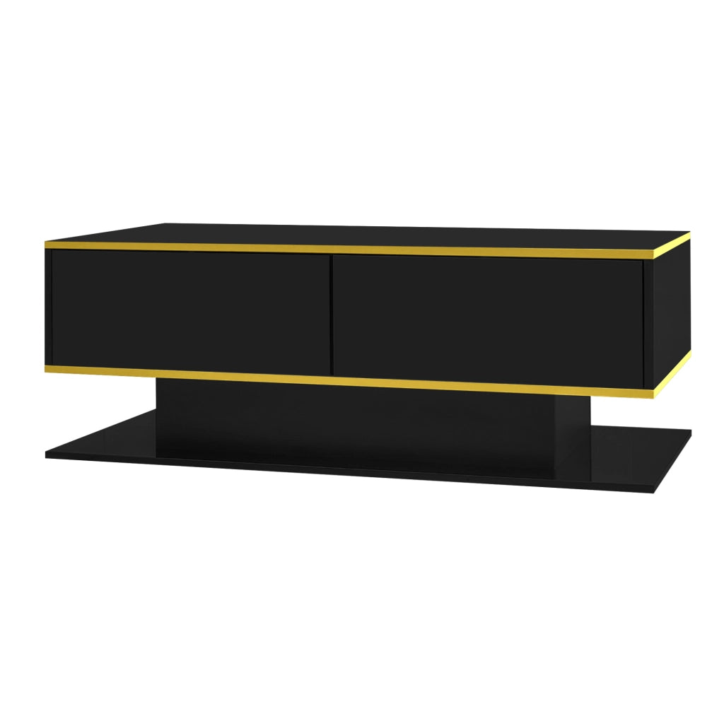 Tavolino da caffè moderno 100x50x40 cm nero con finiture oro, 3 cassetti e striscia LED USB