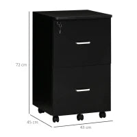 Armadietto da Ufficio con 2 Cassetti e 5 Ruote, Schedario in MDF e Truciolato, 43x45x72 cm, Nero
