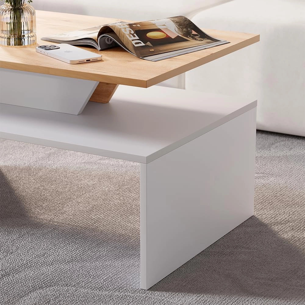 Tavolino da salotto Arden, Bianco/Artisan, 80 x 52.6 cm, con vano portaoggetti sotto il piano del tavolo per la conservazione