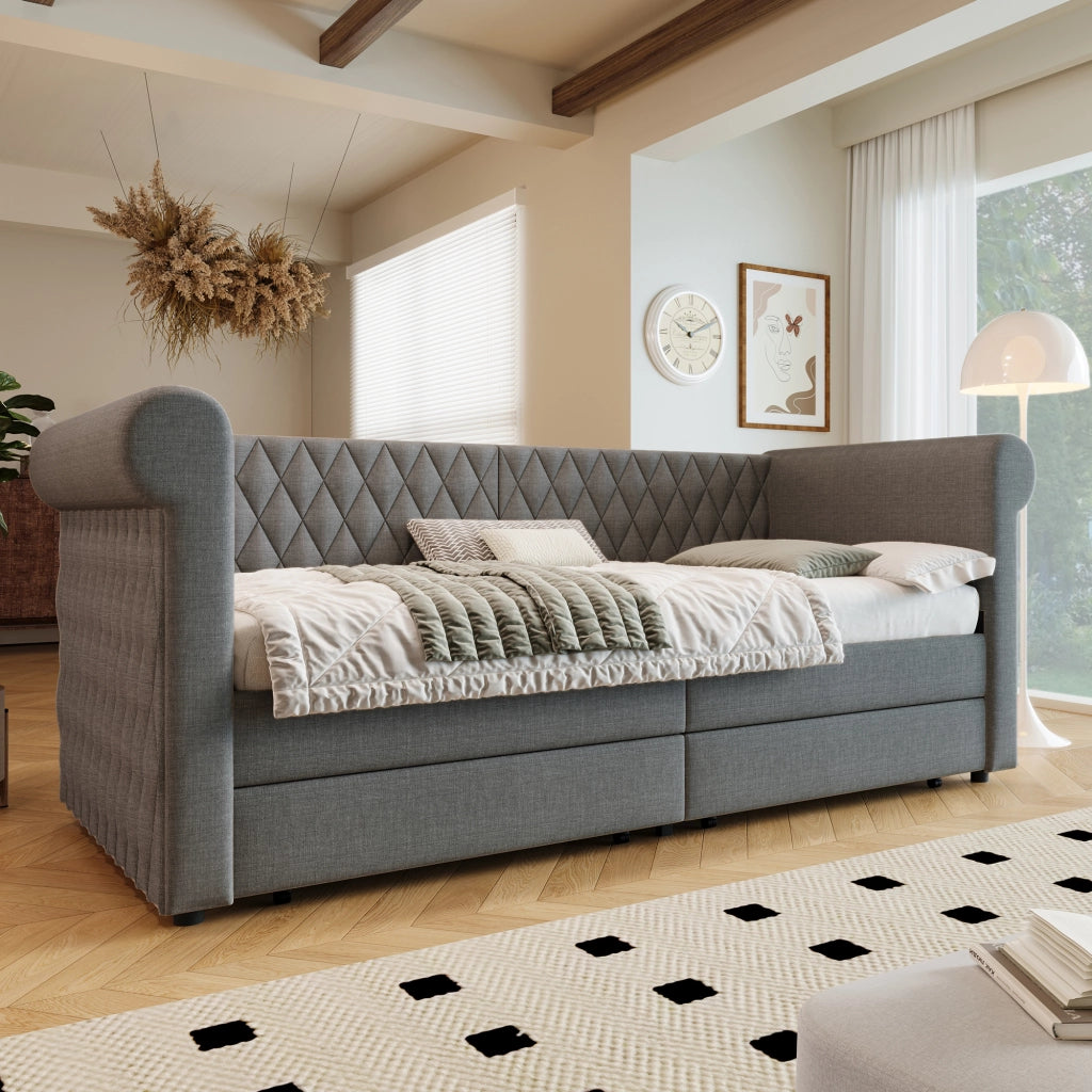 DESMIU Letto divano 90 × 200 cm 1 posto con 2 cassetti e schienale curvo, senza materasso, in lino, grigio