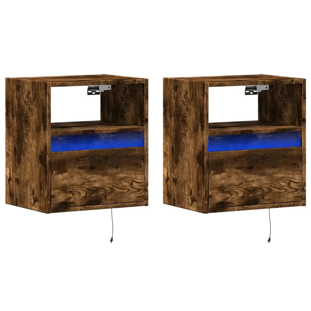 vidaXL Comodini a Parete con luci LED 2 pz Rovere Fumo