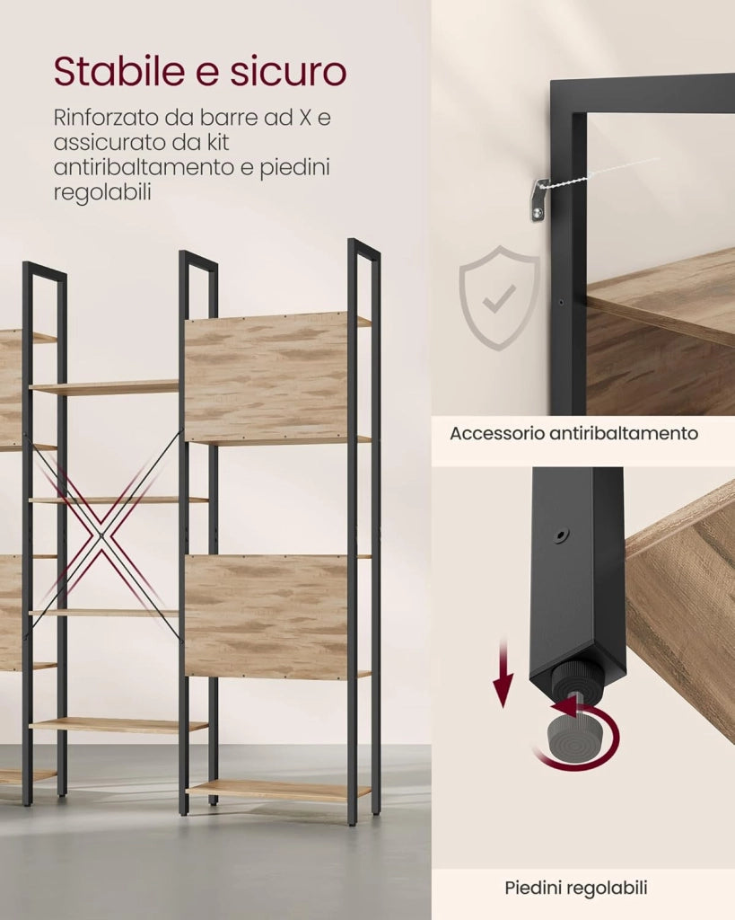 VASAGLE Libreria con 14 ripiani, struttura in metallo, scaffale per soggiorno, casa, ufficio, stile industriale, 24 x 158 x 166 cm, marrone cammello e nero inchiostro, LLS107K01