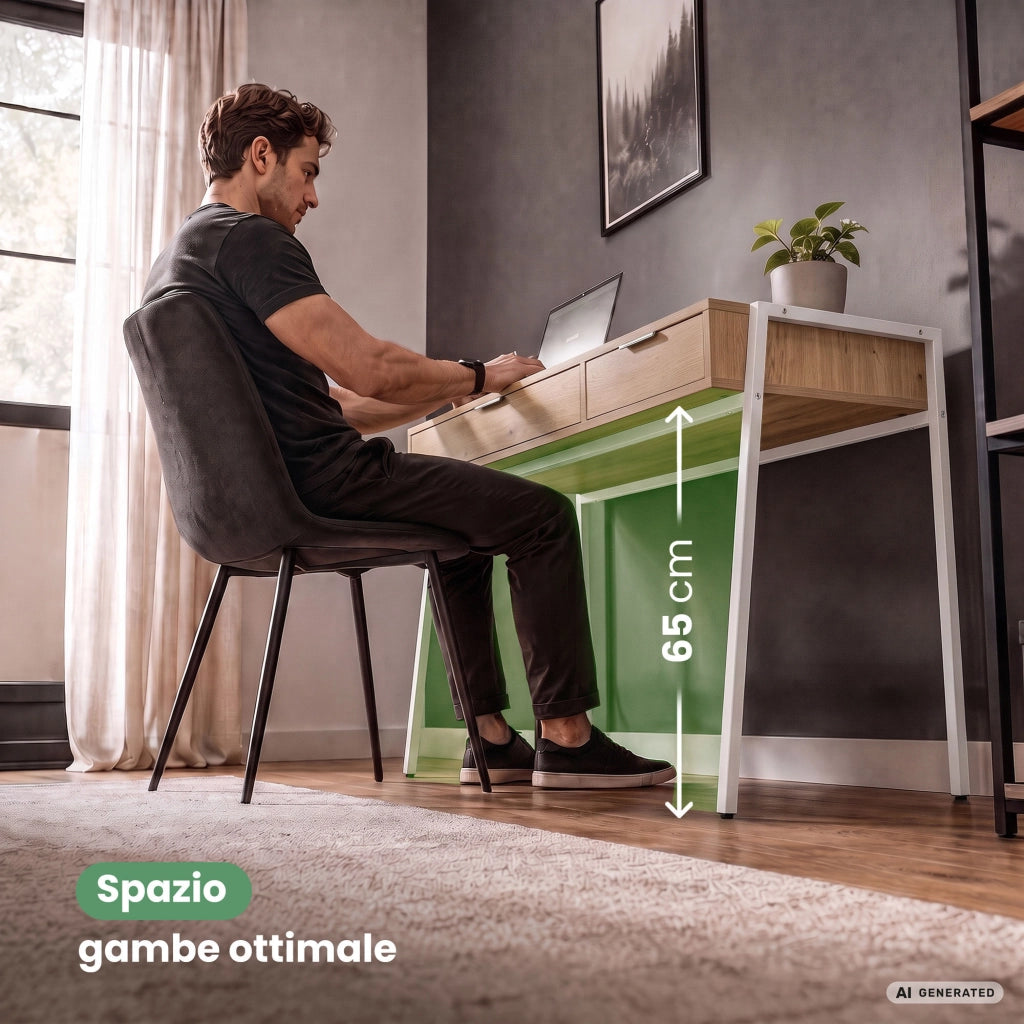 Scrivania industriale per computer Rovere Artisan ZENTIA 100 cm 2 cassetti gambe bianche