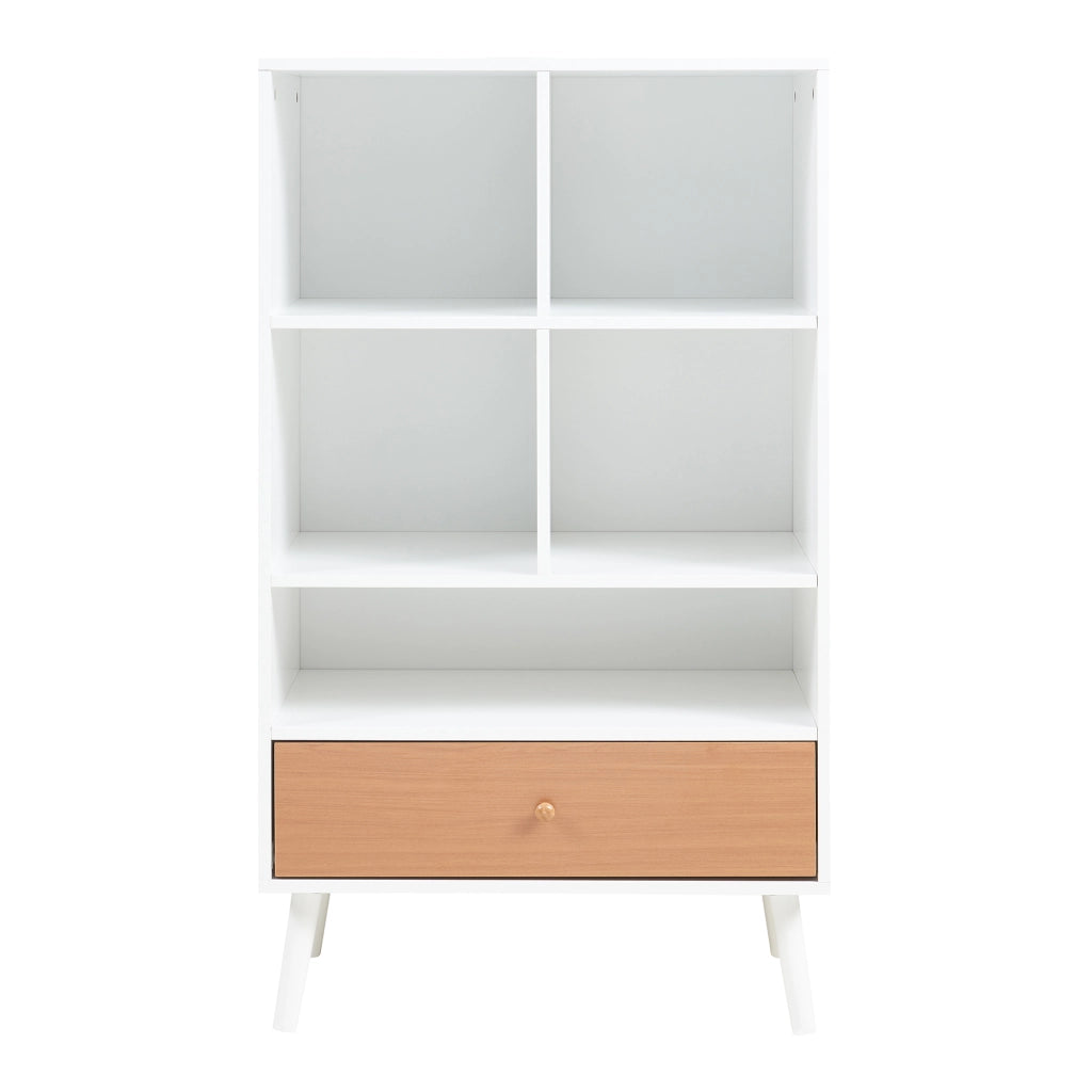 Libreria Reyljand Scaffale con Cassetto 120x70x40 cm - Bianco / Effetto Legno Teak [en.casa]
