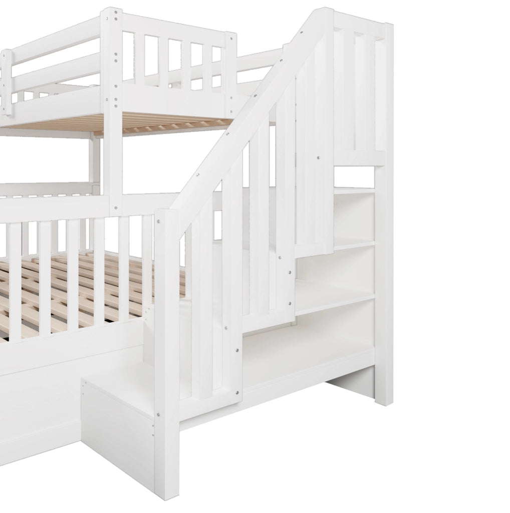 Letto a castello con vano contenitore idraulico e scala con vani; 90x200 + 140x200 cm; pino; bianco