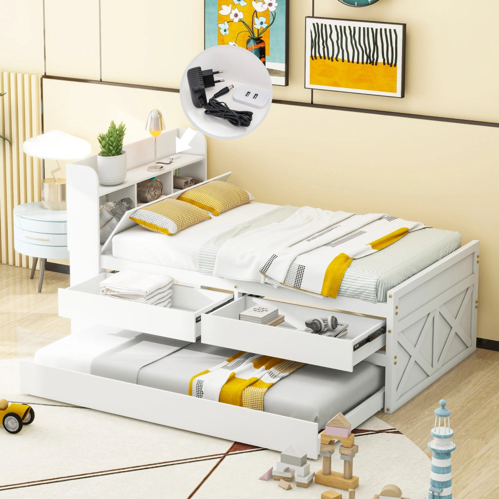 LETTO 90x190 cm in legno massello bianco con 2 cassetti, letto estraibile, USB