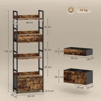 Libreria a 6 livelli con 4 ripiani, 3 cassetti in tessuto, 60x30x176cm, Marrone rustico