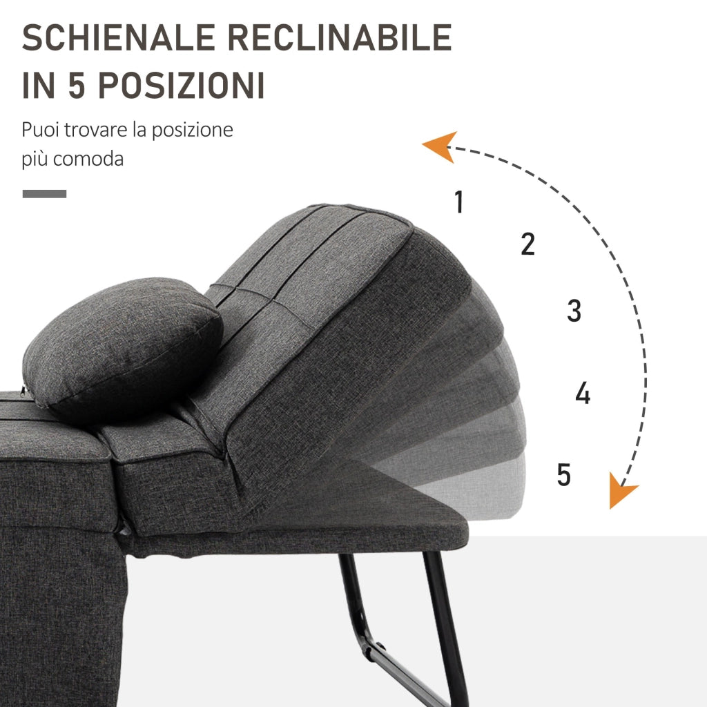 Pouf Letto Poltrona Schienale Reclinabile 95x179x78 cm in Tessuto Effetto Lino Grigio