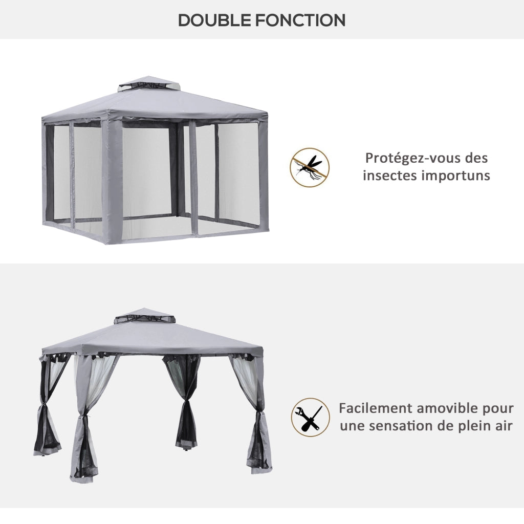 Gazebo da giardino 3x3m ¨C zephmum ¨C doppio tetto con zanzariere grigio chiaro
