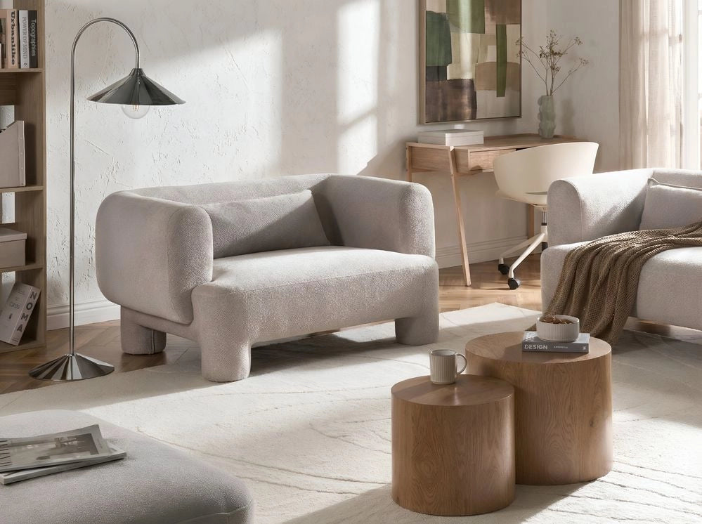 Divano a 2 posti Rivestimento in tessuto beige scuro Tessitura morbida Gambe cilindriche Stile organico