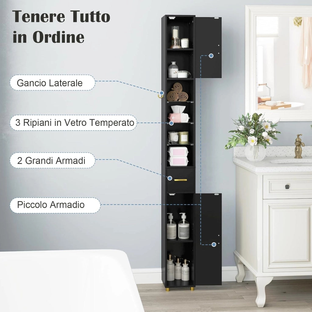 Mobile Bagno Salvaspazio con Luce, Colonna Bagno con Scomparti Aperti in Vetro, Ripiani Regolabili, 1 Cassetto e 1 Gancio Laterale per Spazi Ridotti 20 x 20 x 181 cm (4 Ripiani con Luce, Nero)