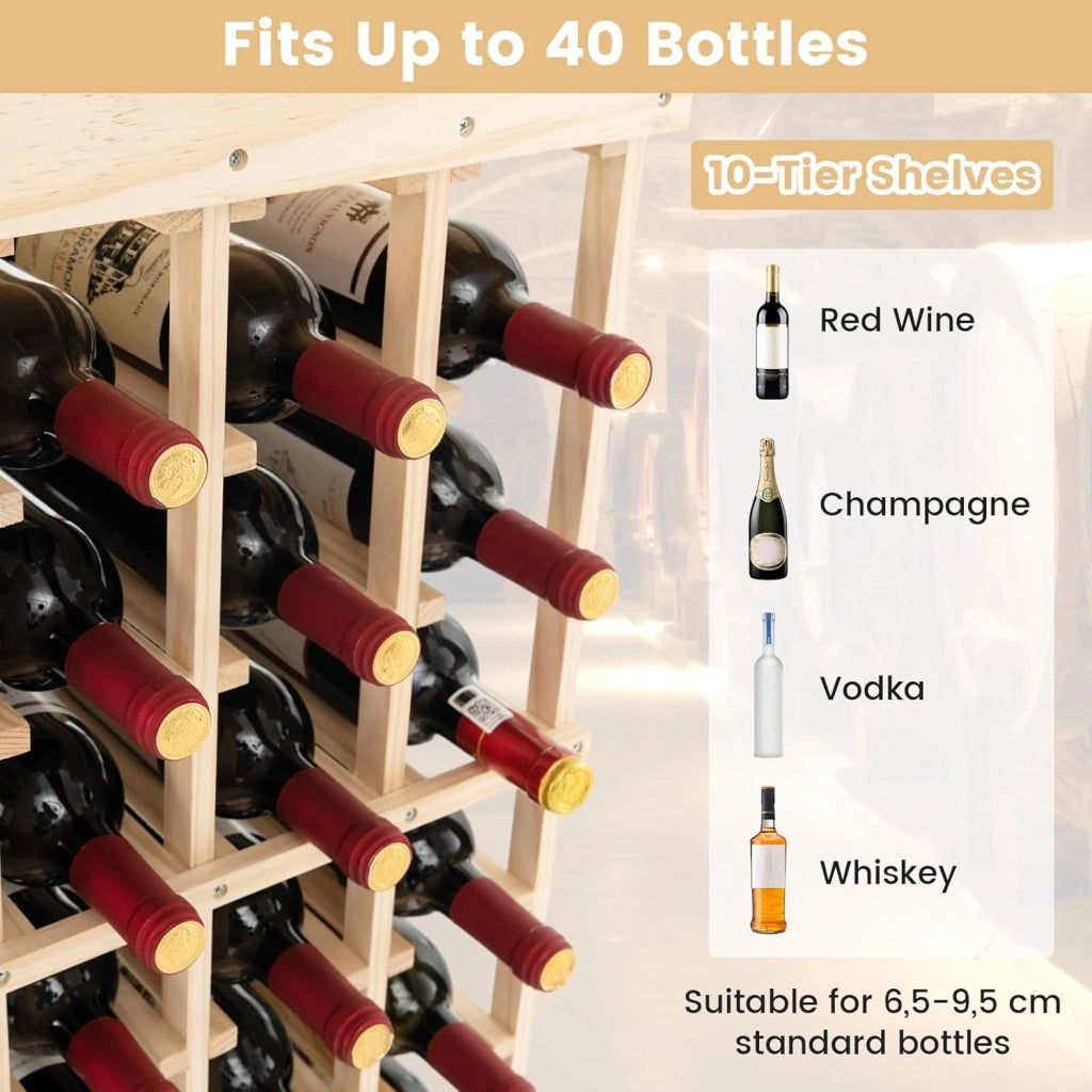 Portabottiglie per Vino in Legno, Scaffale da Terra a 10 Livelli per 40 Bottiglie, Catinetta in Legno di Pino con Struttura Stabile, Ideale per Cucina, Bar, 47 x 28 x 113 cm, Naturale
