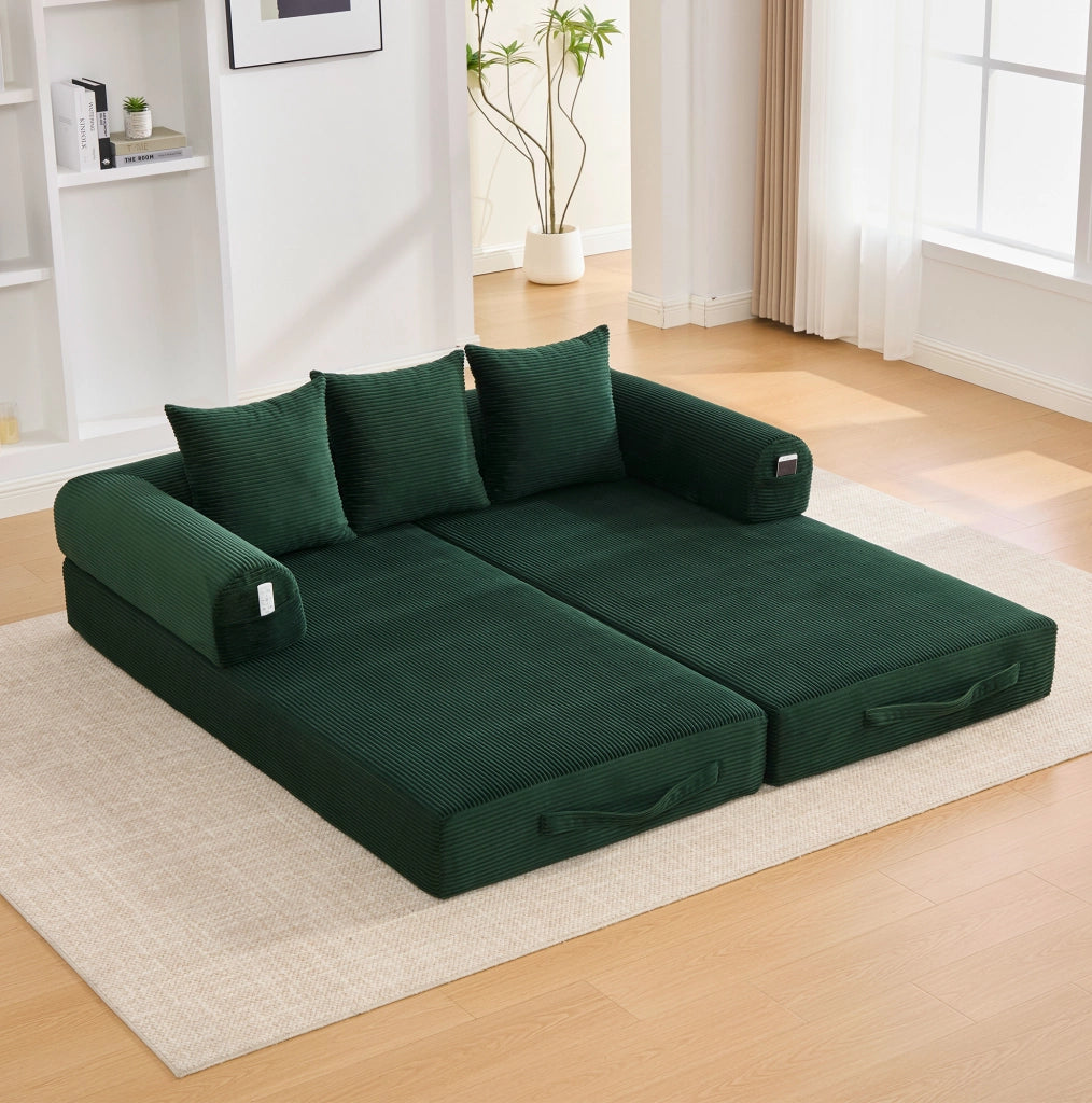 Divano modulare in velluto a coste 200x94x67 cm; colore Emerald con 3 cuscini