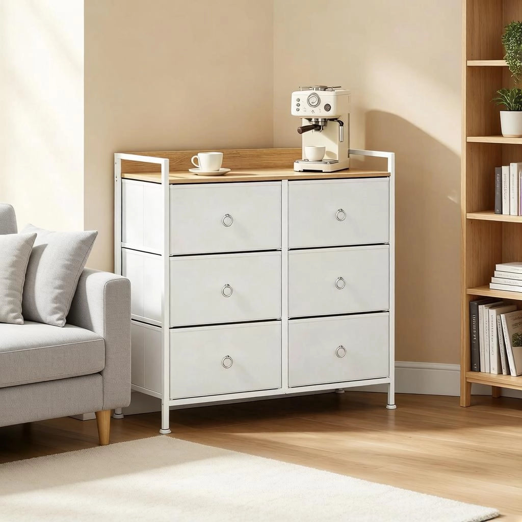 Comò con 6 cassetti in tessuto e struttura in metallo per camera da letto e soggiorno bianco 80 × 29 × 78 cm