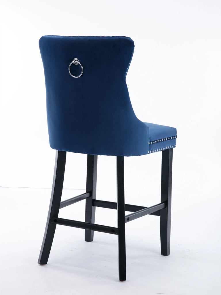 Sgabelli da Bar in Velluto con Bottoni e Gambe in Legno ¨C MINIMAL ¨C Set 2 Pezzi, Blu