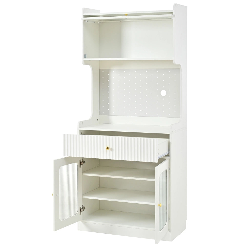 Credenza 80x40x180 cm con LED; ripiani regolabili e anta ribaltabile in MDF e truciolare bianco