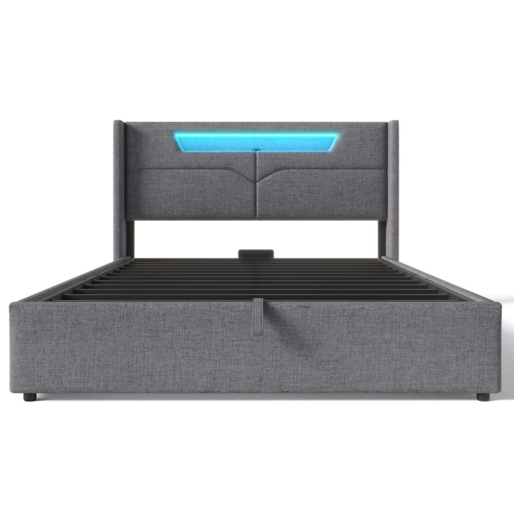 Letto matrimoniale 140x200 cm con contenitore; LED; USB e Type-C; in lino grigio