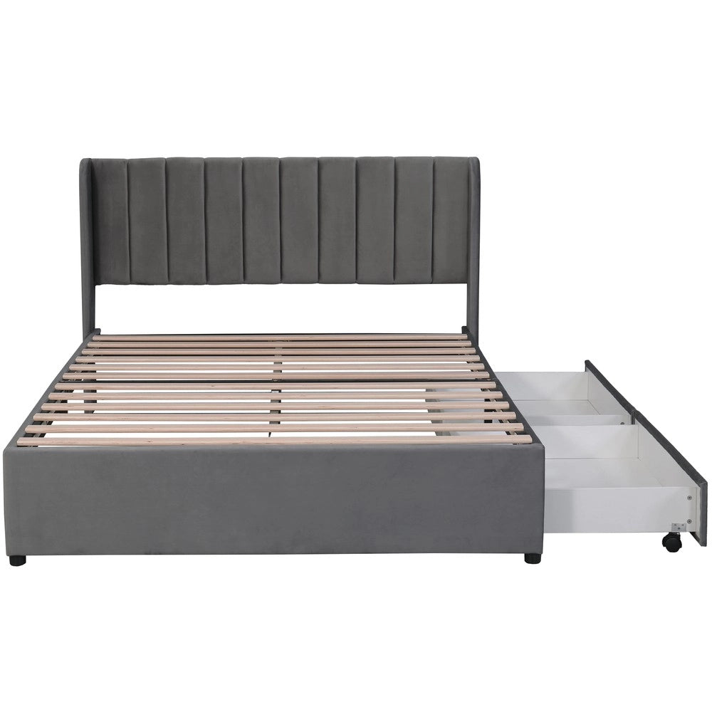 Letto imbottito con cassetti ¨C Minimal ¨C Grigio velluto 140x200 cm con rete a doghe