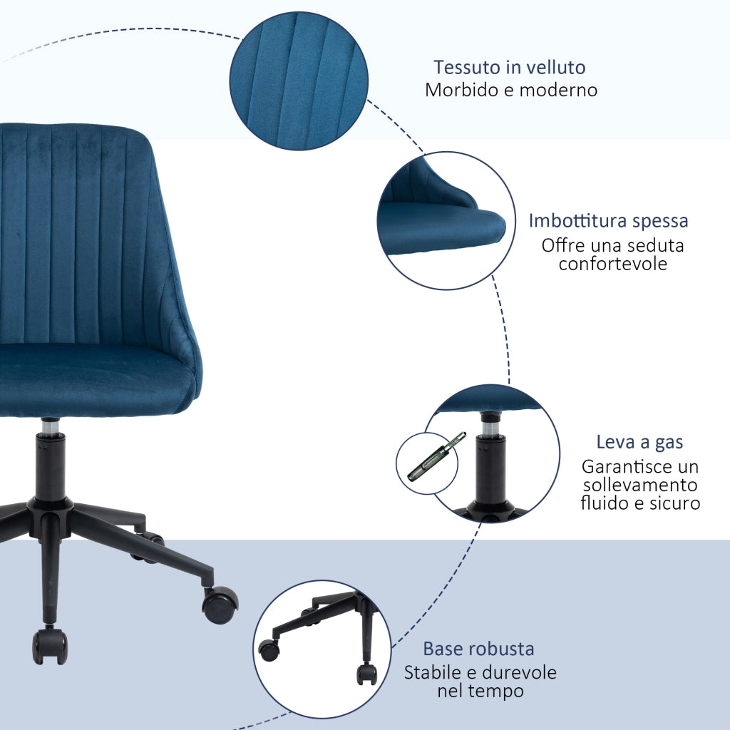 Sedia da Ufficio in Velluto Blu con Altezza Regolabile, Sedia Ergonomica Girevole a 360¡ã e Ruote, 50x58x77-87cm