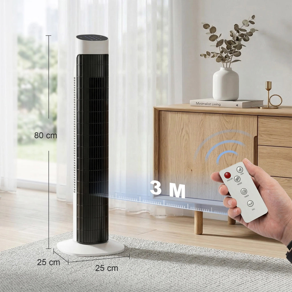 Ventilatore a Torre da Pavimento 25x25x80 cm Oscillante 70° in PP e ABS Bianco e Nero