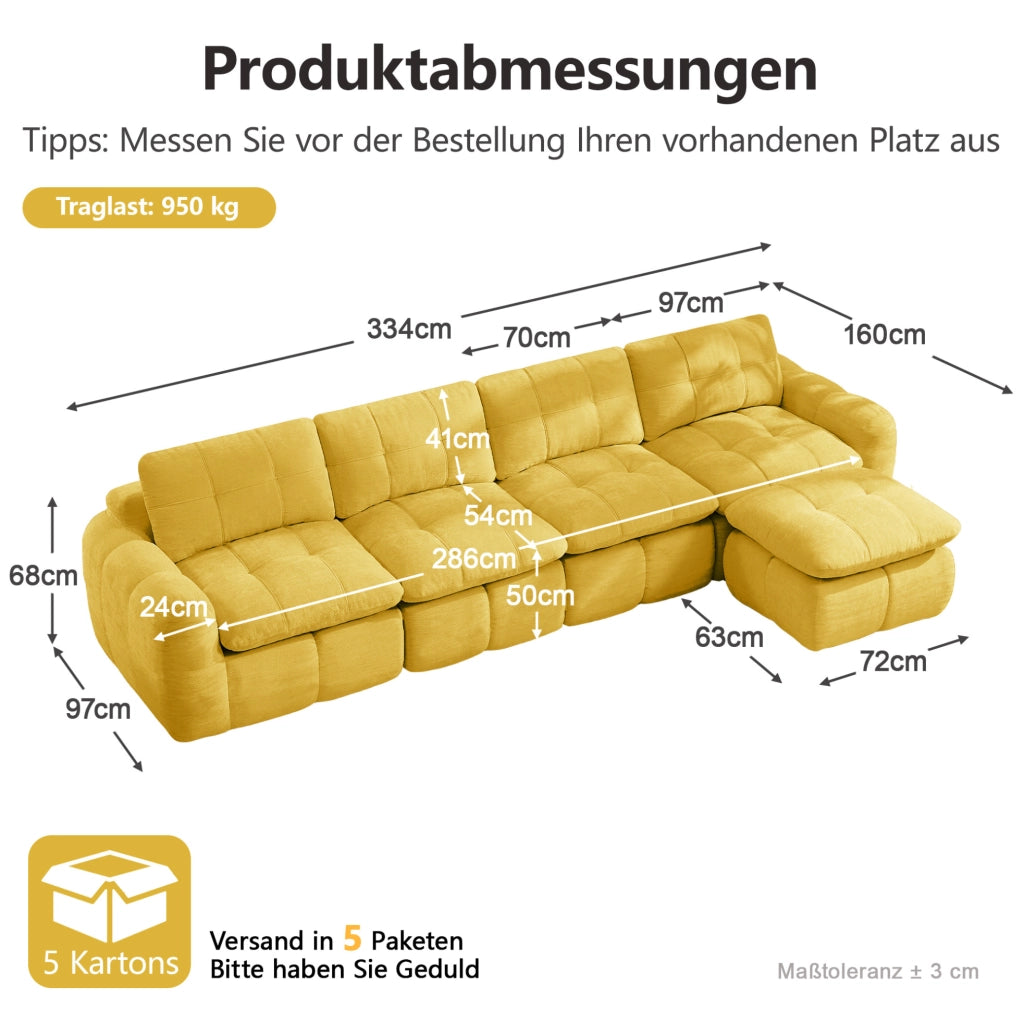 Divano modulare angolare a L 4 posti con pouf 334x160x68 cm in chenille gialla