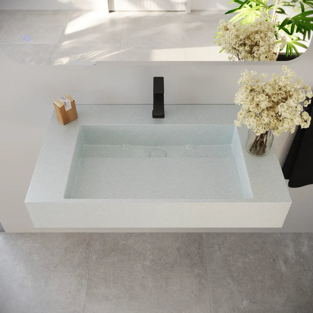 Lavabo sospeso a muro rettangolare 90x48x13 cm in microcemento bianco | Tasman