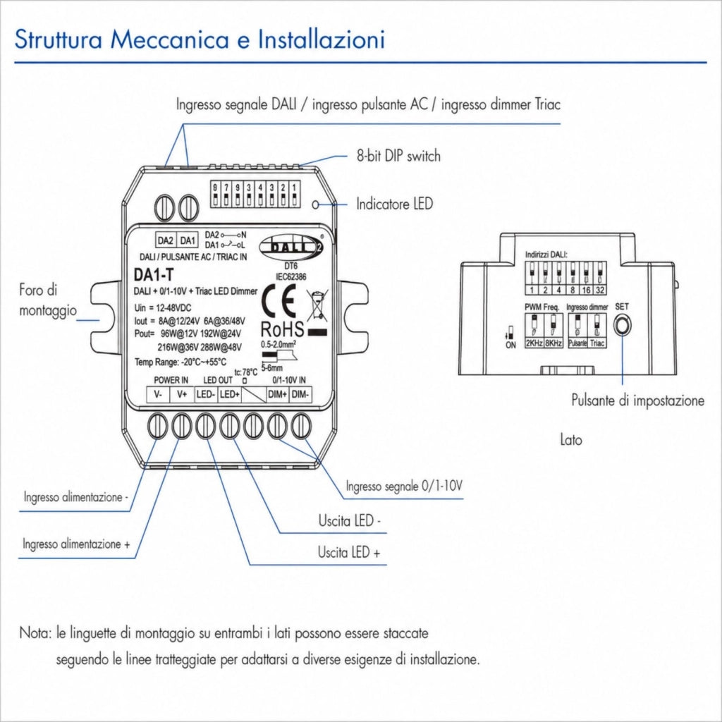 Led Dimmer DALI AC Push Triac 0/1-10V, Pulsante NO, 12V 24V 36V 48V 8A, 1 Canale Tensione Costante, per Strisce LED Monocolore