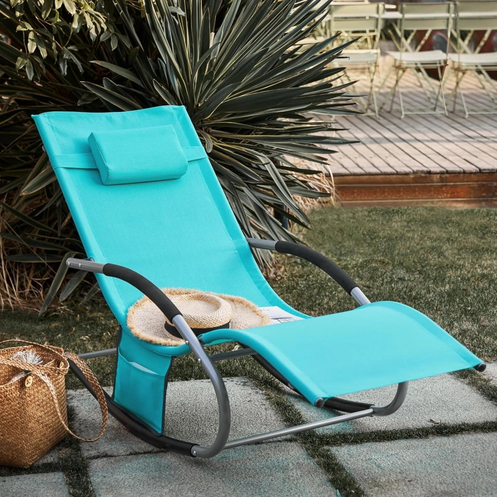 Lettino Sdraio da Giardino a Dondolo - Sedia a Dondolo da Esterno in Textilene Azzurro con Telaio in Metallo, 150x63x87cm, Lettino Prendisole per Terrazza, Piscina, Patio, OGS28-HB