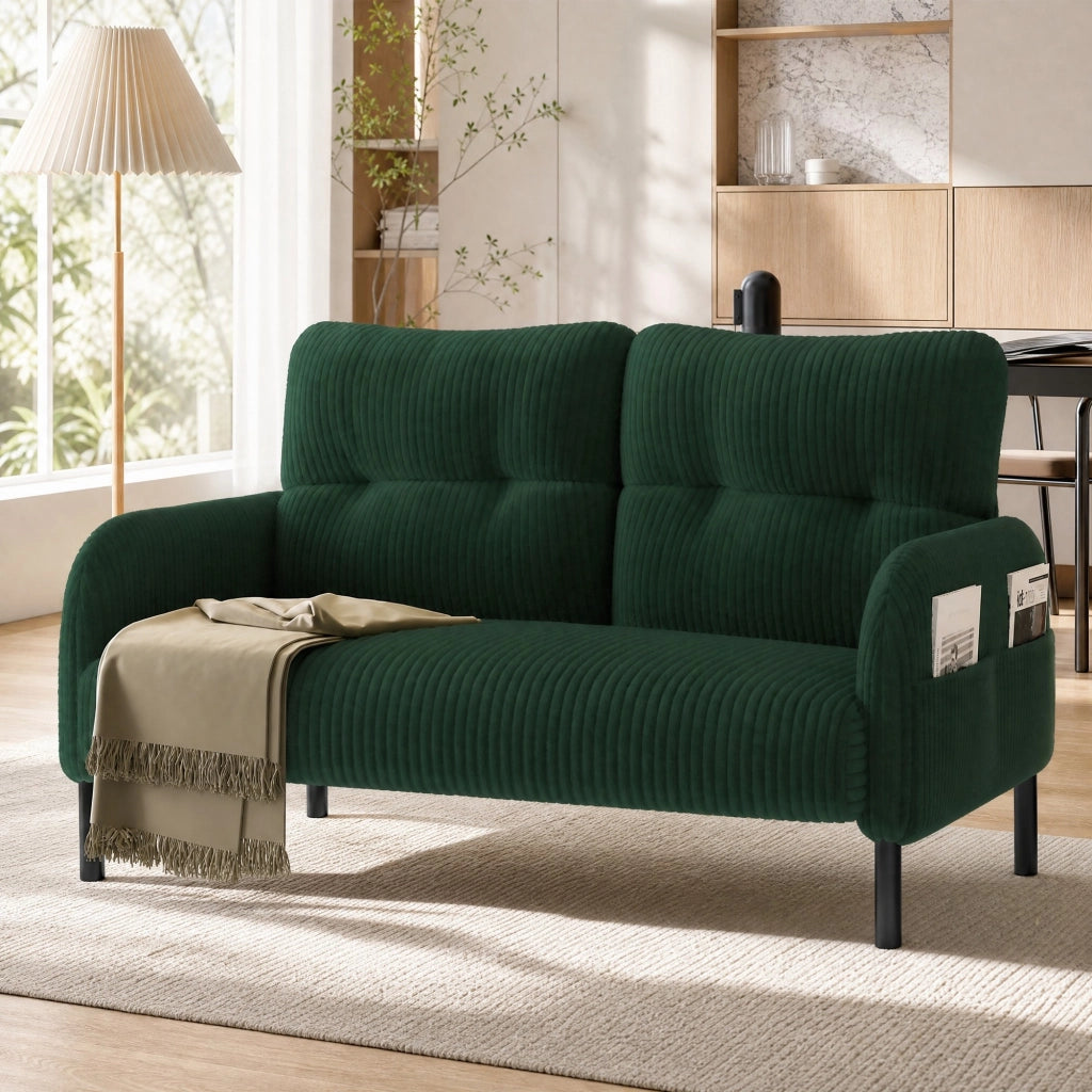 DIVANO 2 posti in corduroy verde smeraldo con tasca laterale, 120 x 75 x 79 cm