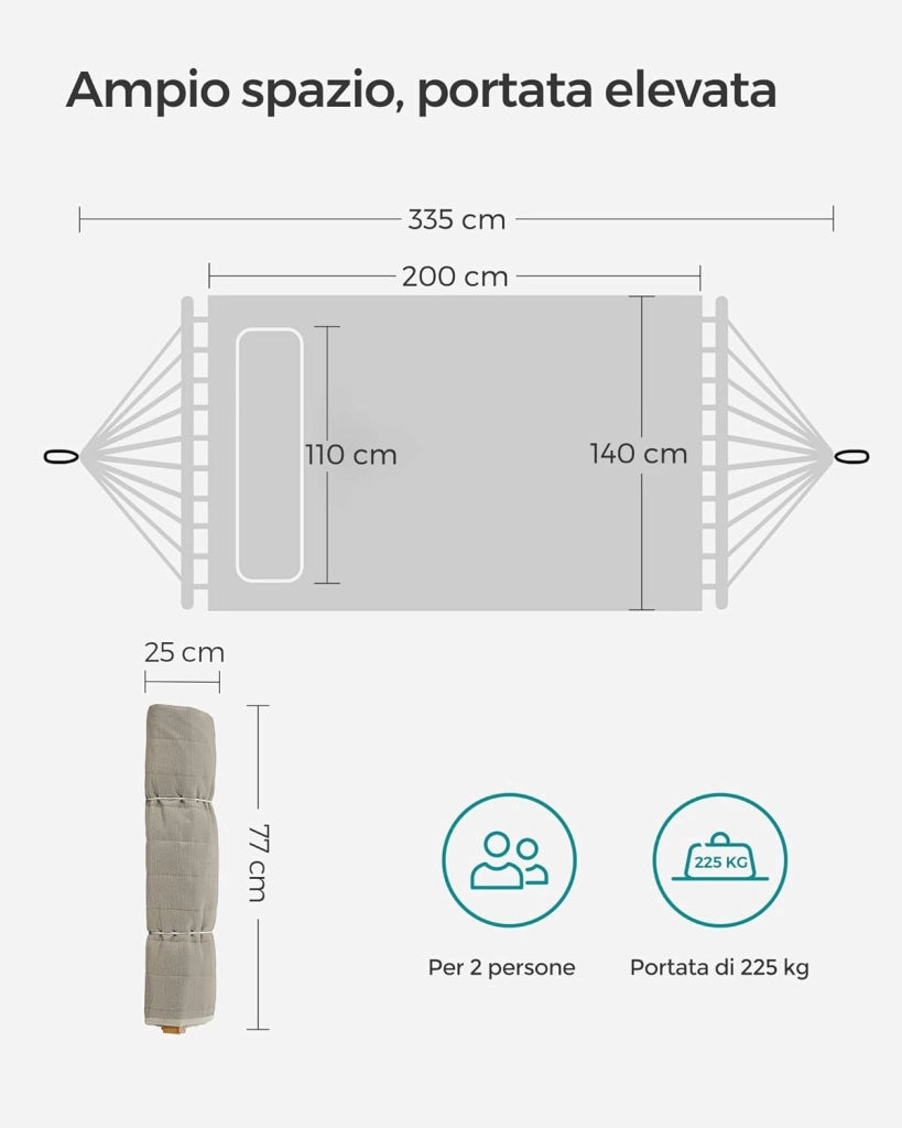 SONGMICS Amaca Doppia Imbottita, Amaca da Campeggio Giardino con Barre Curve in Bambù Separabili, con Cuscino, 200 x 140 cm, Max Portata 225 kg, Crema e Beige GDC34BE