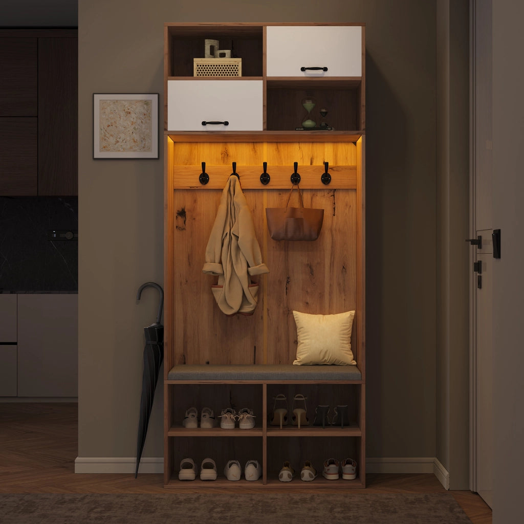 Set ingresso moderno con scarpiera, panca imbottita, 5 ganci, 4 vani aperti, colore naturale e bianco, 80¡Á185¡Á35 cm