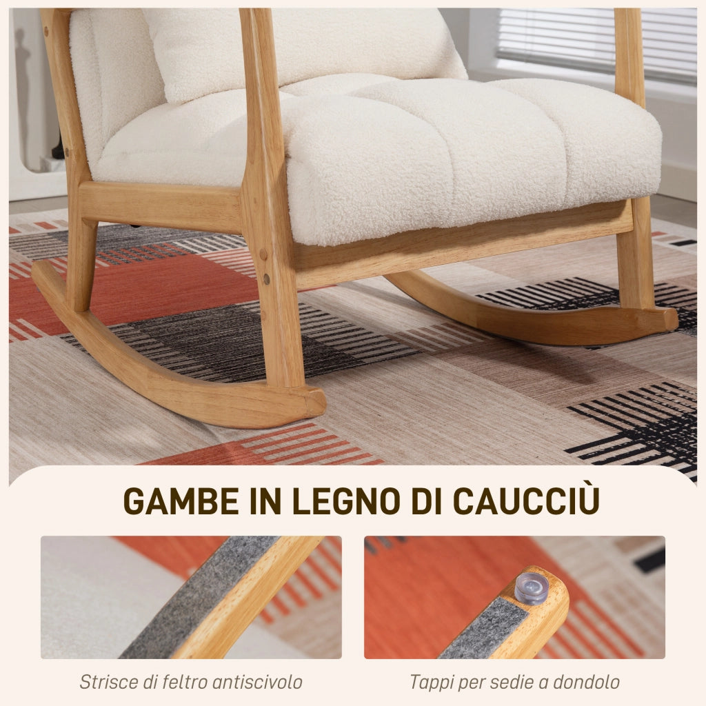 Poltrona a Dondolo 90°-130° 64,5x82x89 cm con Cuscino Lombare in Tessuto Sherpa Bianco