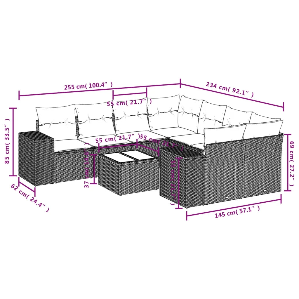 Set Divano da Giardino 9 pz con Cuscini Beige in Polyrattan