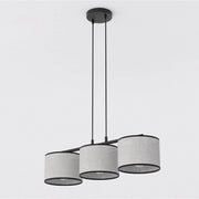 Lampada a sospensione Eco con tre luci in acciaio nero e tessuto grigio