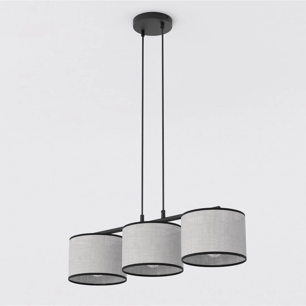 Lampada a sospensione Eco con tre luci in acciaio nero e tessuto grigio