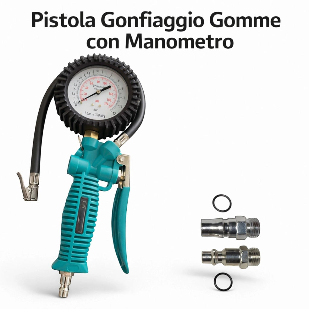 Pistola per Aria Compressa con Manometro Bar/Psi Gonfiaggio Gomme Auto e Moto