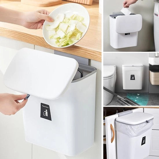 Contenitore per rifiuti con coperchio, 9 litri, piccolo contenitore per rifiuti appeso, fissaggio al muro, plastica, contenitore per compost, contenitore per rifiuti con odore per porta da appendere, per camper, ripostiglio cucina (bianco)
