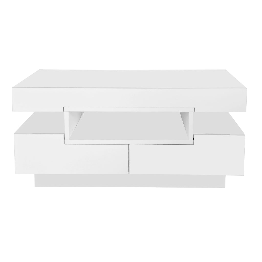 Tavolino da caffè 80x50x36 cm; superficie lucida con LED regolabile; pannello truciolare bianco