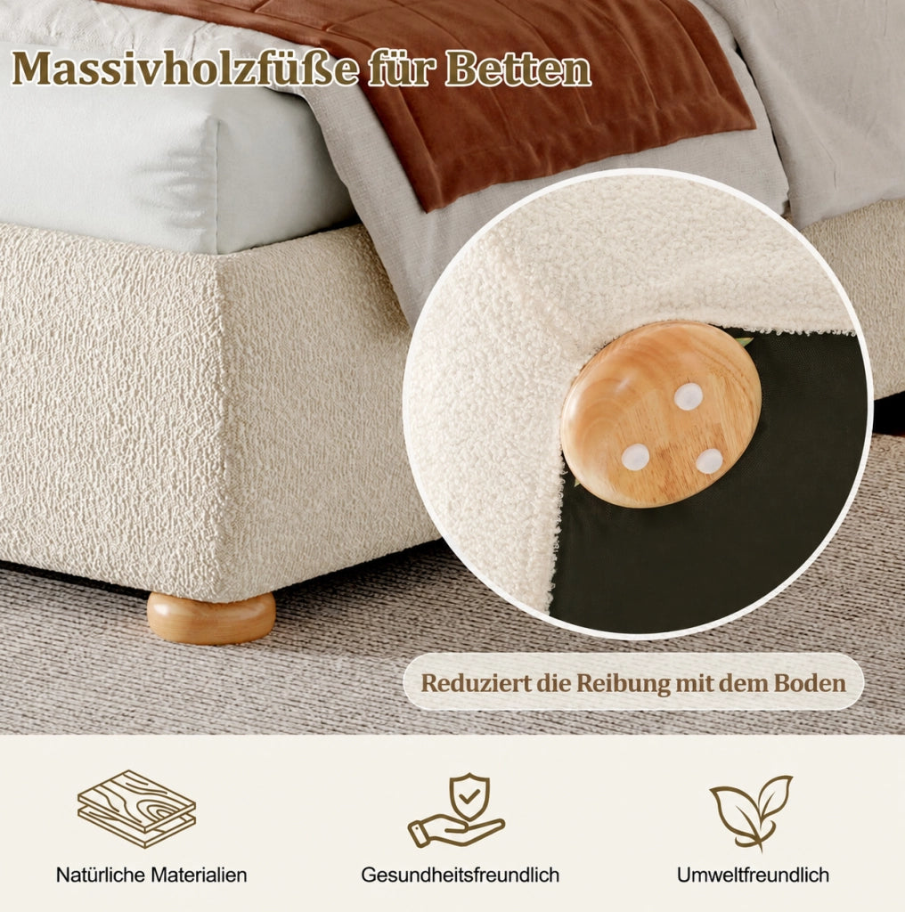 Letto imbottito beige in bouclé con vano contenitore e rete a doghe