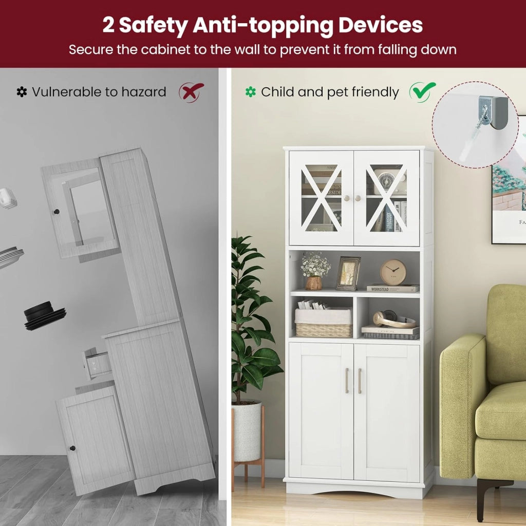 Armadietto da Bagno Slim con 4 Ante, Ripiano Regolabile e 3 Scomparti Aperti, Mobile Alto per Bagno e Soggiorno, Moderno，2 Colori