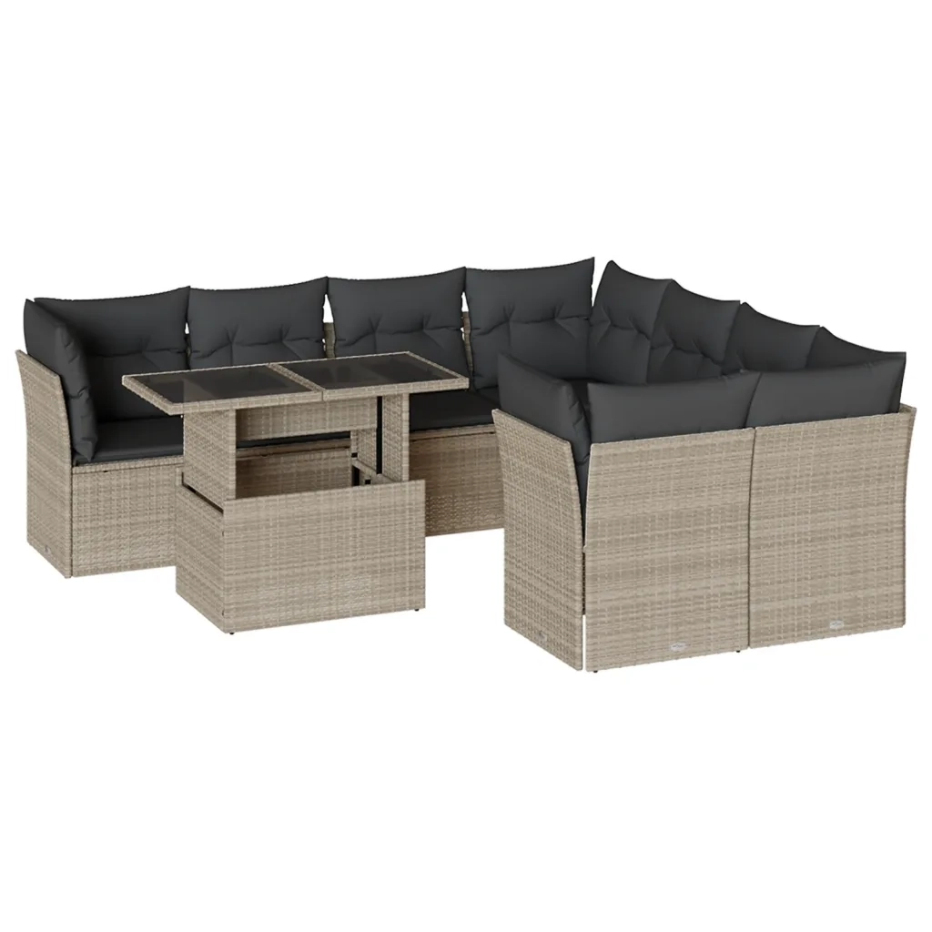Set Divano da Giardino 9pz con Cuscini Grigio Chiaro Polyrattan