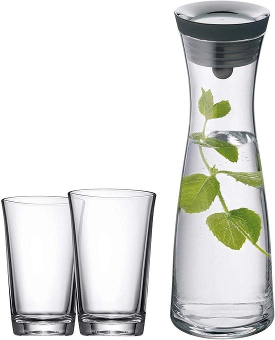 Set di Caraffa Acqua 3 Pezzi Decantatore 1 L con 2 Coppe Acqua 250 ml Altezza del Vaso 30.2 cm Vaso Decantatore con Coperchio Coperchio in Gomma Chiusura, Base.