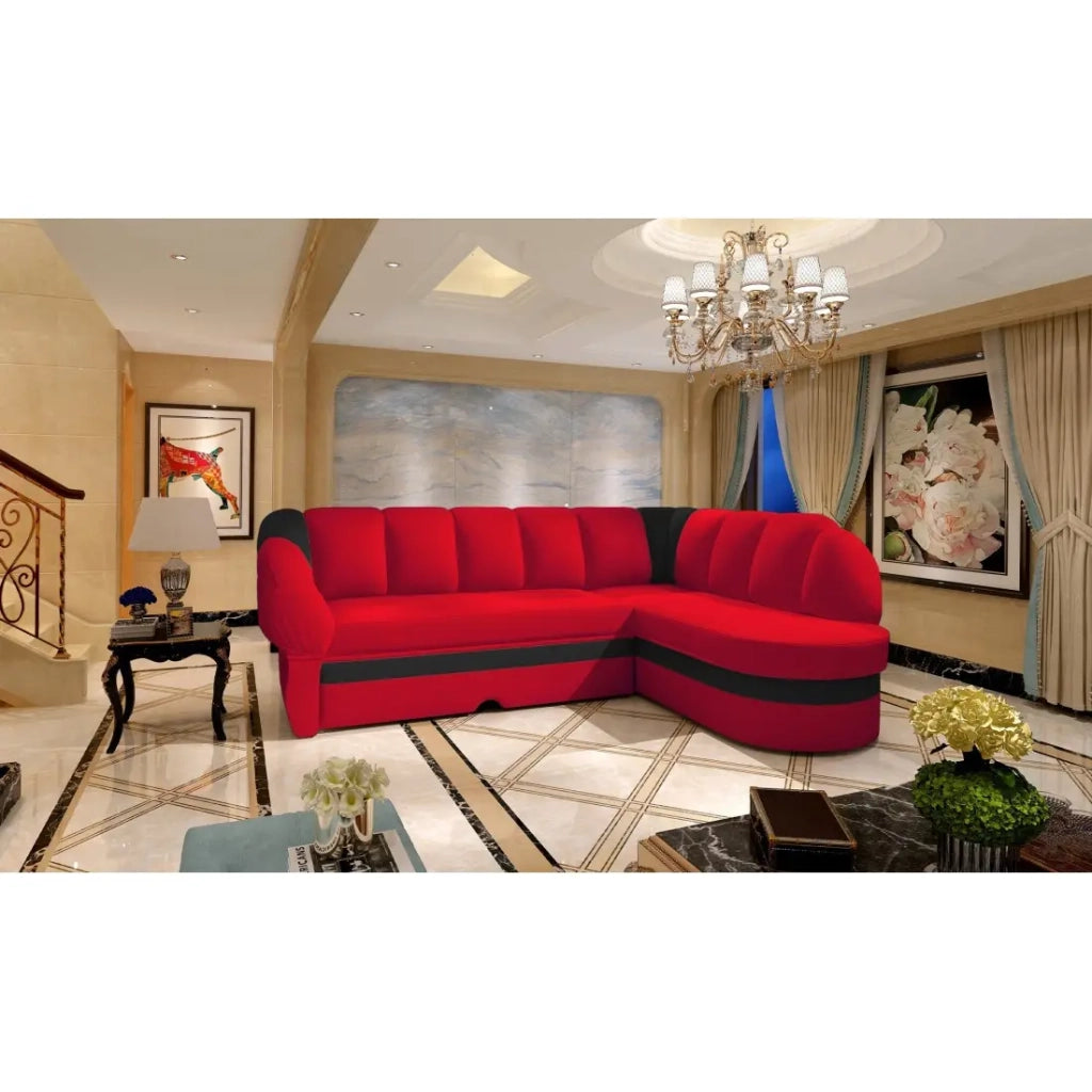 Divano angolare destro convertibile BENANA 250 cm rosso e nero con vano contenitore