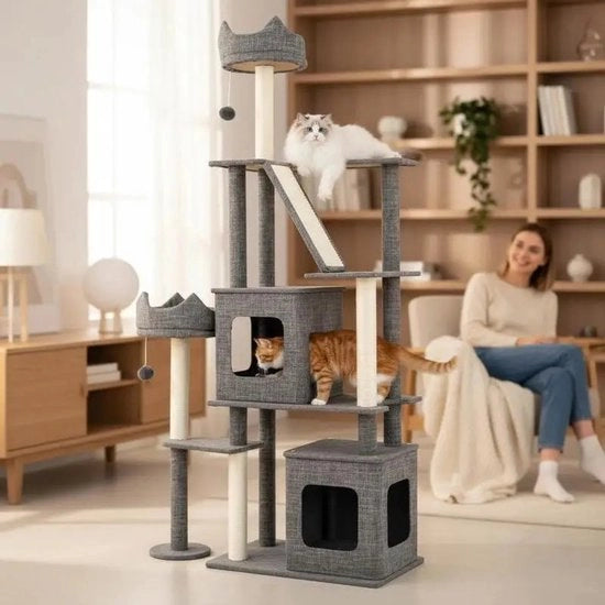 Tende a Più Livelli per Gatti con Palancole 180CM, Alta Tende per Gatti con Krabbettoni, Grigio