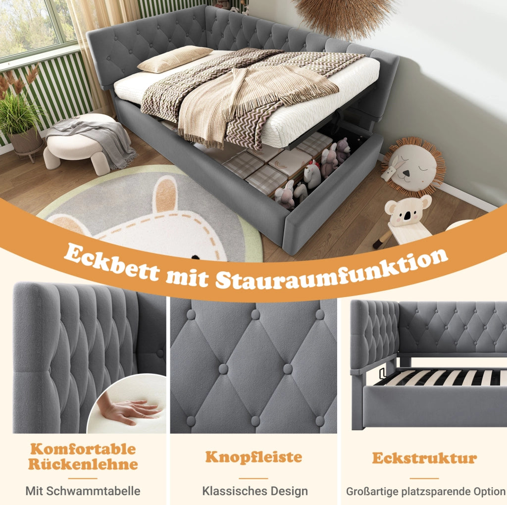 Letto imbottito singolo 90x200 cm in velluto grigio con contenitore idraulico e testiera reversibile
