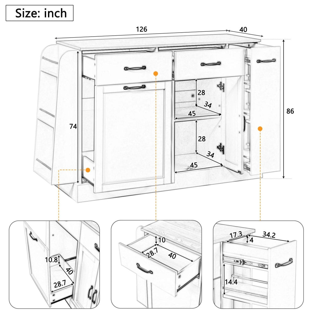Credenza 133.5x40x86 cm con vano per bidone; ripiani organizzati in MDF nero